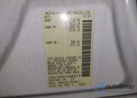 2014 Nissan Altima 2.5 S z USA, uszkodzony, nr VIN 1N4AL3AP4EN366455